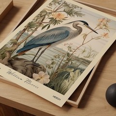 William Morris Heron Poster, Vintage Botanical Wildlife Wall Art Decor