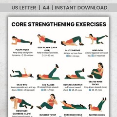 No Equipment Core Workout Poster, Abs Strength Stability Chart, Home Fitness Wal