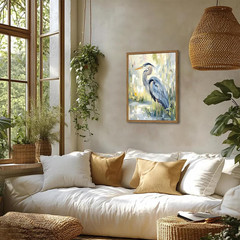 Framed Blue Heron Wall Art, Watercolor Sea Bird Pictures Wall Decor, Coastal Nat
