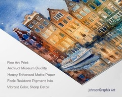 Canals of Amsterdam Cityscape Watercolor Painting Print