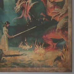 Retro DRAGON SLAYER Wall Art, Fantasy Sword Warrior Dinosaur Girl Poster Print