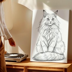Wall Art Long Haired Cat Sketch Print Black White Feline Line Drawing Decor