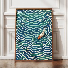 Abstract Nautical Sailboat Poster Turquoise Blue Coastal Wall Art Modern Print
