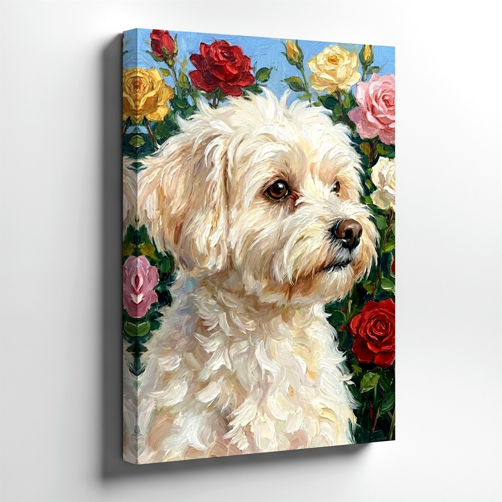 Wall Art White Dog Portrait with Roses Floral Oil Painting Style Canvas Print