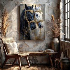 Wall Art Black and White Horses Canvas Print Gold Bridle Animal Decor 16×24