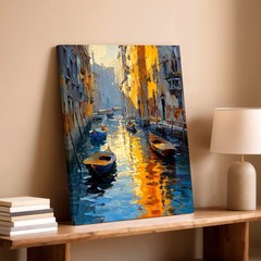 Wall Art Venice Canal Boats Oil Painting Print Sunlit Water Cityscape Decor