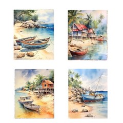 Set of 4 8×10 Fishing Village Wall Art Canvas Prints