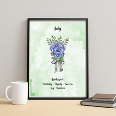 July Birth Flower Larkspur Green Watercolor Wall Art Print Gift 8×10 UNFRAMED