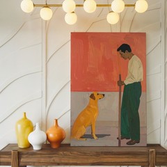 Canvas Wall Art a Minimalistic Modern Painting Showing a Man and a Dog Against