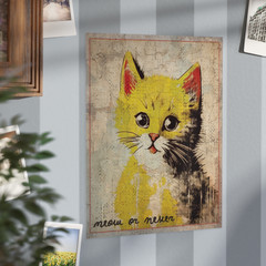 Vintage CAT Meow or Never Wall Art, Retro Kitten Cute Animal Decor, Yellow Cat