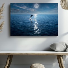 Wall Art Serene Night Scene Featuring A Dolphin Gracefully Leaping Out Of Calm