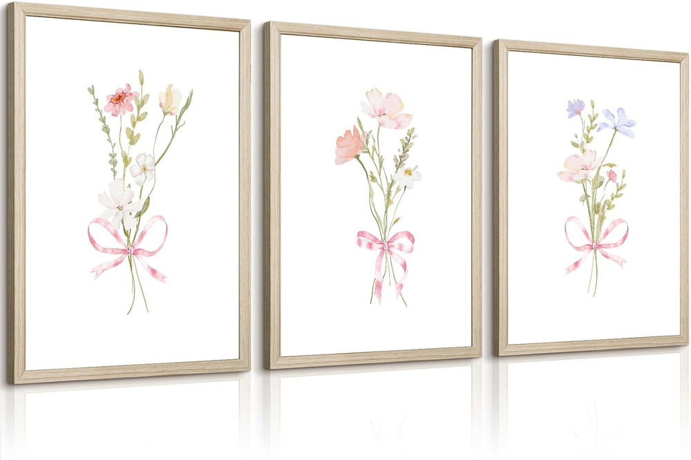 Coquette Pink Floral Wall Art Set for Teen Girls – 3 Framed Prints 12×16 Inch