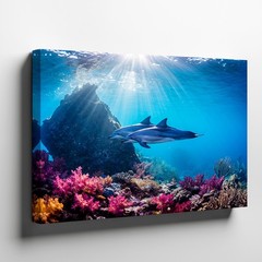 Underwater ocean canvas wall art with dolphins and colorful coral reef print