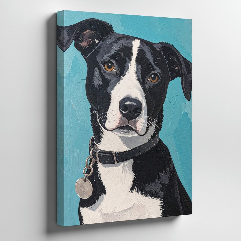 Wall Art Canvas a Painting of a Black and White Dog Set Against a Bright