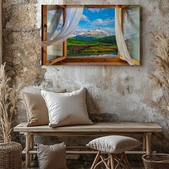 Wall Art Picturesque View From A Large, Open Wooden Window, Framed By Elegant