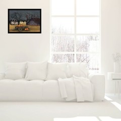 Fall Barn and White House with Pumpkins Country Art Wood Framed Picture Print