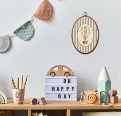 Vintage Golden Retriever Nursery Oval Wall Art, Grey Striped Hot Air Balloon …