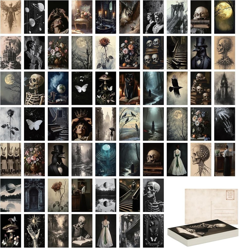 64 Pcs Dark Academia Decor Postcards, 4x6in Moody Dark Wall Collage Kit, Gothic