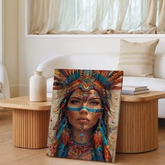Native American Woman Portrait Canvas Wall Art Colorful Feather Headdress Print