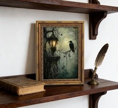 Vintage Gold Framed Crow Canvas Wall Art Dark Academia Gothic Painting Pictur…