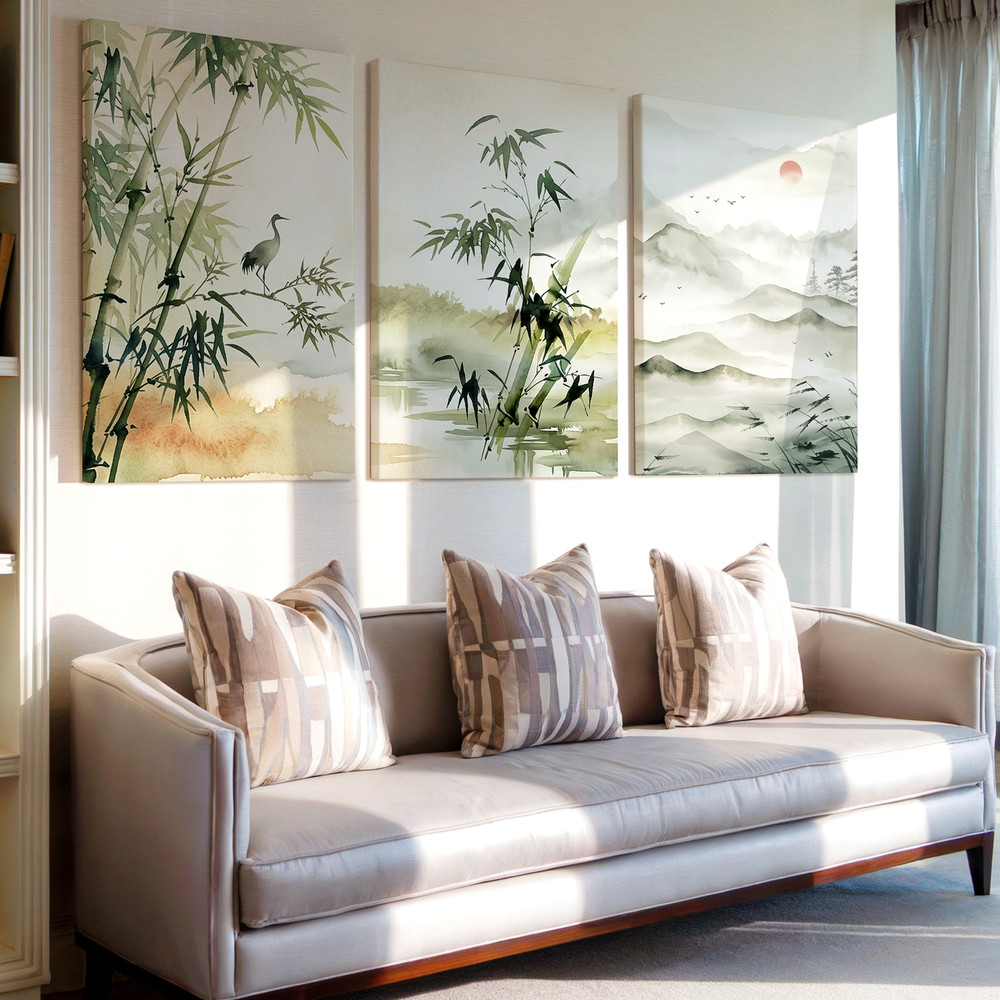 3 Pieces Serene Bamboo Mountain Landscape Soft Tones Large Wall Art Set Of 3