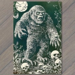 Art Print Bigfoot Walking Moonlit Forest Skulls Trees Mythical Creature Strange