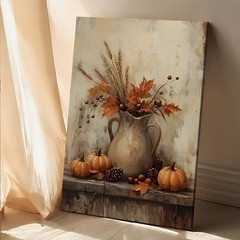 Framed Canvas Vintage Fall Pumpkin Wheat Maple Leaf Pitcher Still Life Wall Art