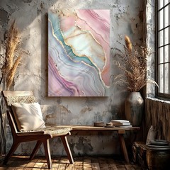 Wall Art Pink Blue Abstract Marble Agate Canvas Print Gold Vein Decor 30×60