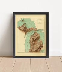 Michigan Map, Michigan 2D Relief Map, Michigan Vintage Map – 2D Flat Print