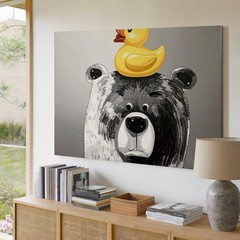 Wall Art Canvas a Black and White Illustration of a Bear with a Rubber Duck