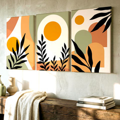 3 Pieces Abstract Botanical Earth Tones Large Wall Art Set for Living Set Of 3