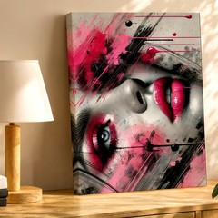 Wall Art Abstract Woman Face Canvas Print Pink Black Lips Modern Portrait Decor