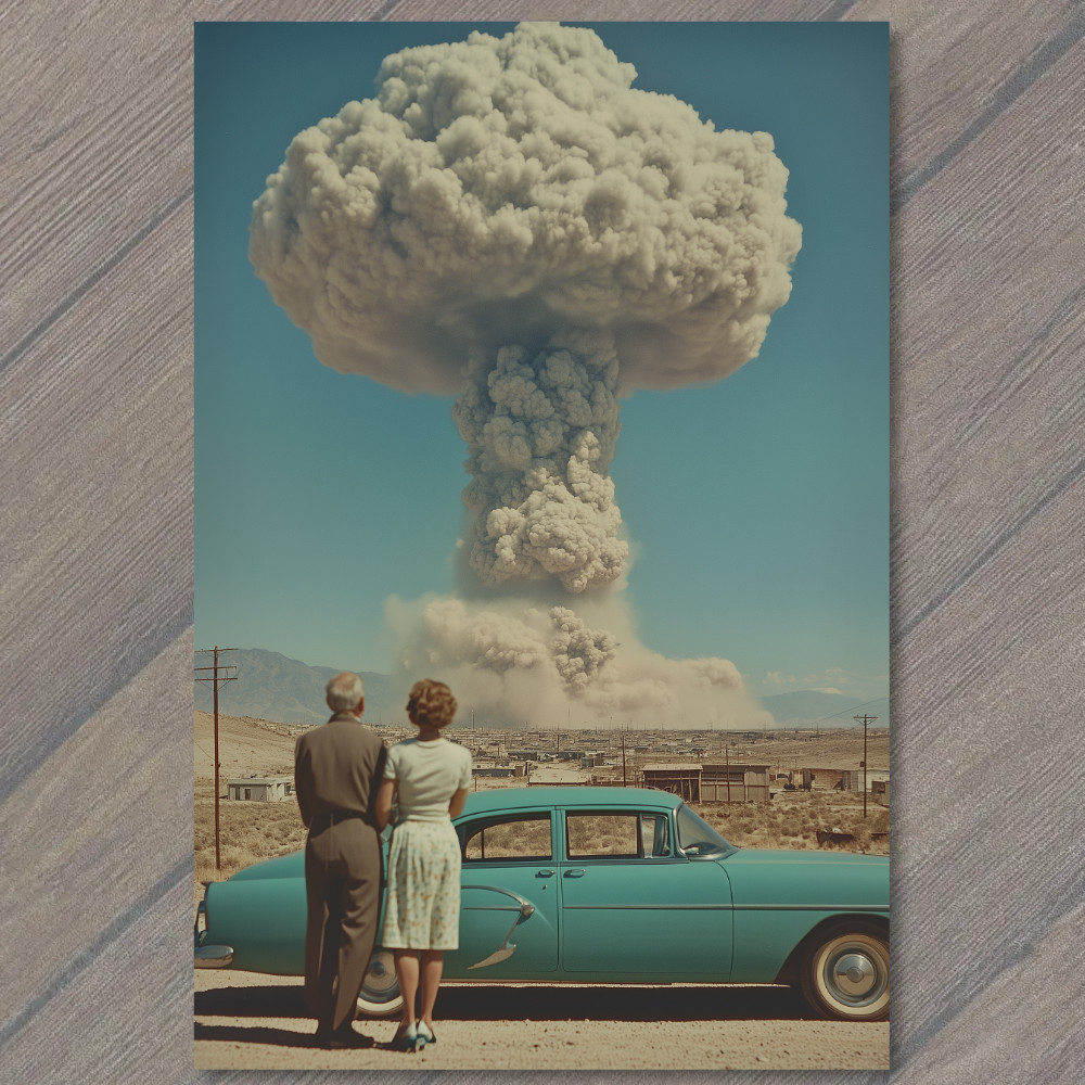 Art Print Desert Scene Car Atomic Nuclear Bomb Cloud Retro Style Couple Surreal