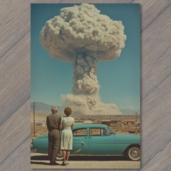 Art Print Desert Scene Car Atomic Nuclear Bomb Cloud Retro Style Couple Surreal