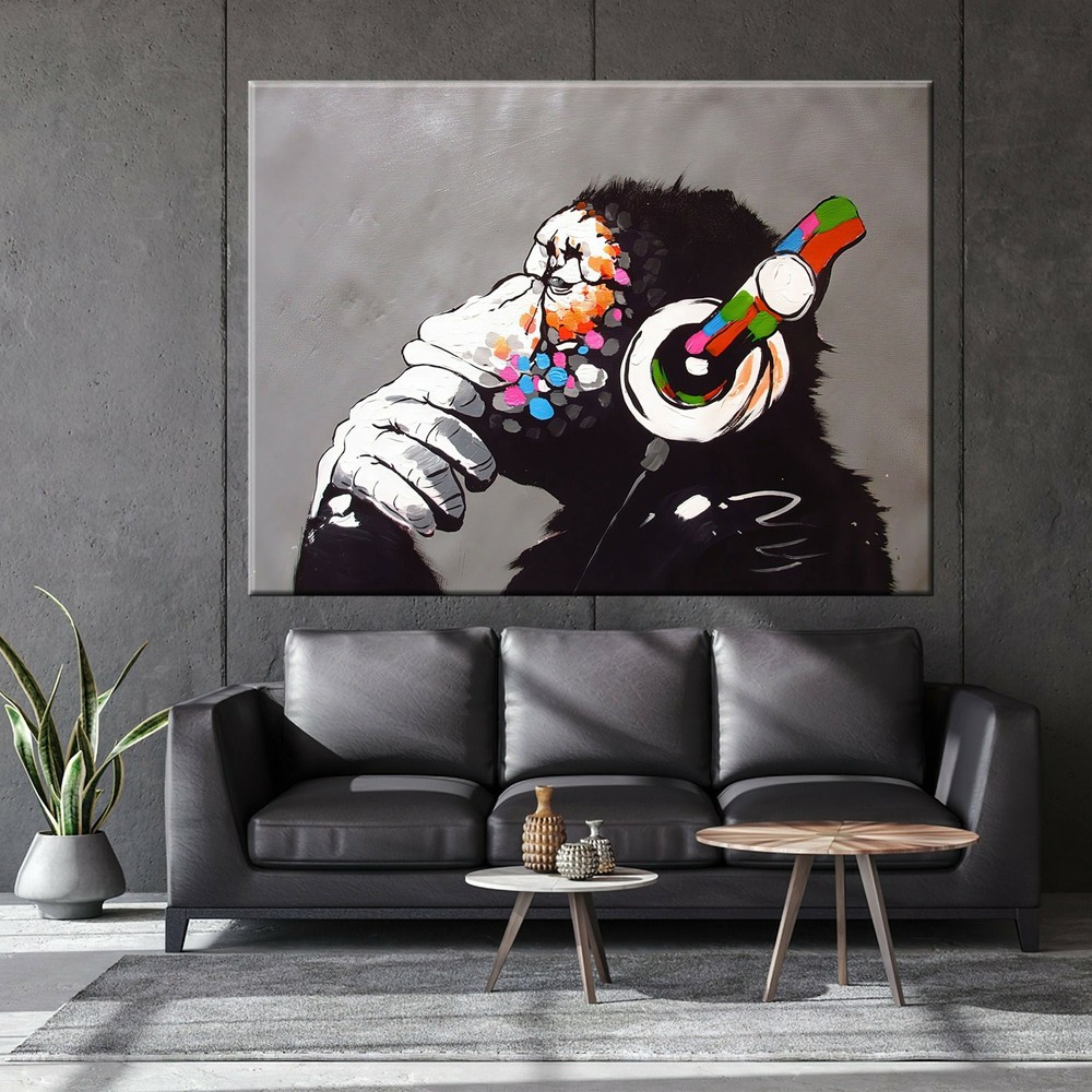 Banksy DJ Monkey, Gorilla Chimp Canvas Wall Art, Banksy Thinking Monkey, Headpho
