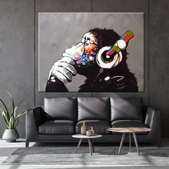 Banksy DJ Monkey, Gorilla Chimp Canvas Wall Art, Banksy Thinking Monkey, Headpho