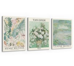 Sage Green Canvas Framed Wall Art Set Of 3 Matisse Van Gogh Monet Flower Prin…