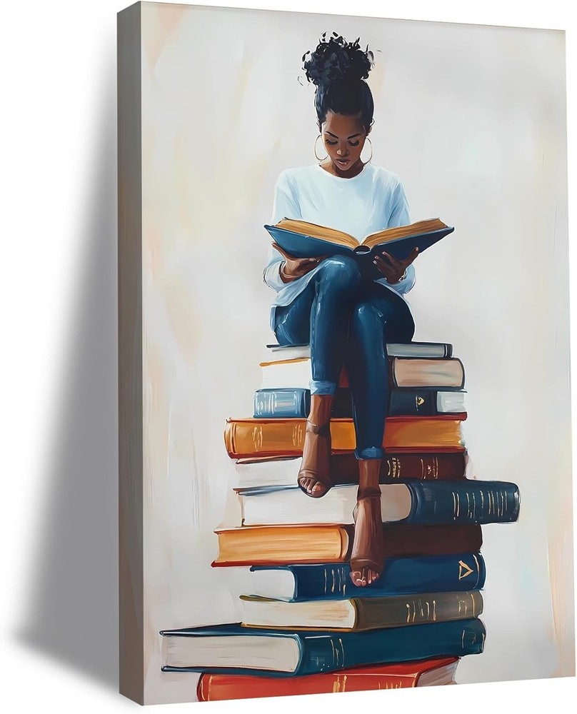 African American Books Wall Art Black Girl Painting Vintage Woman Reading Boo…