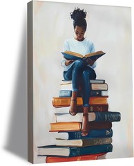 African American Books Wall Art Black Girl Painting Vintage Woman Reading Boo…