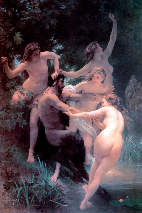 NYMPHS AND SATYR MALE HORSE FEATURES ART PAINTING 1873 BY W A BOUGUEREAU REPRO