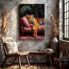 Wall Art Tiger on Pink Sofa Canvas Print Tropical Jungle Animal Decor 24×36