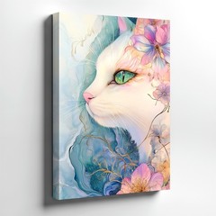 Rustic Canvas White Cat Portrait Floral Fantasy Pastel Blue Gallery Office Print