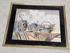 Southwest Style Framed Print Foil Art Adobe Houses Indian Pottery by T Coleman