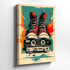 Wall Art Retro Sneakers On Cassette Tape Graffiti Style Colorful Music Print