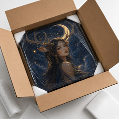 Celestial Deer Girl Canvas Wall Art Moon Goddess Fantasy Portrait Navy Gold Wall