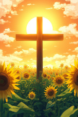 Christian Cross Sunflower Sunset Sky 4×6 Photo Print Religious Wall Art Decor