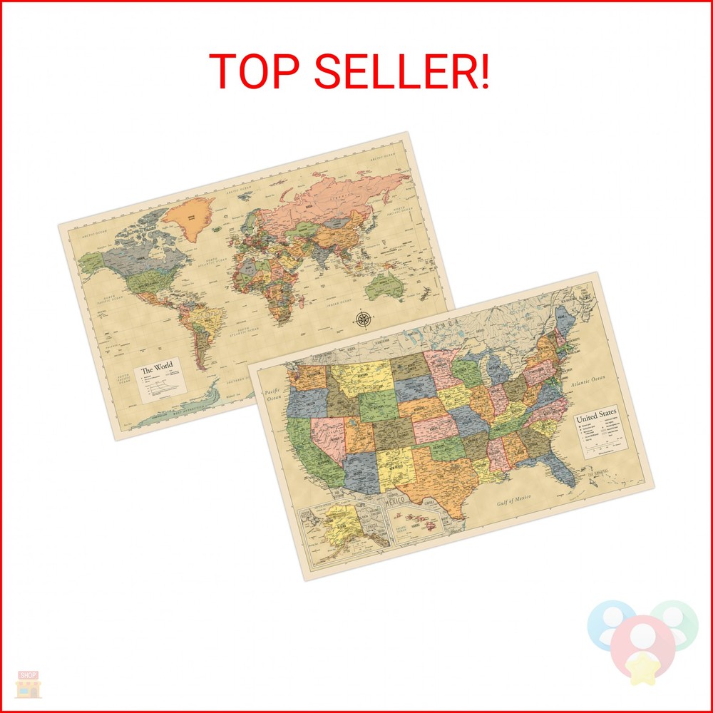 2 Pack – Laminated World Map & US Map Poster Set – Wall Chart Map of the World &