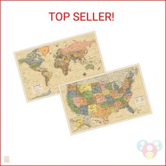2 Pack – Laminated World Map & US Map Poster Set – Wall Chart Map of the World &