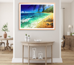 Palm Leaves Print, Sea Waves Wall Art, Skyline Framed Beach Wall Art, Coastal