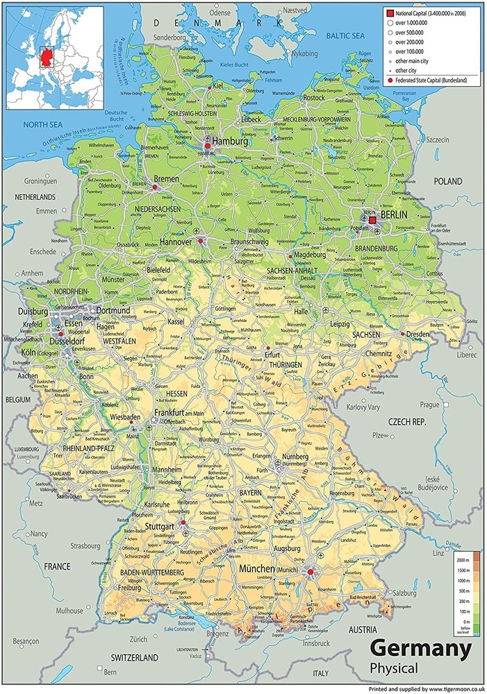 Germany Physical Map – 16.5 x 23.3 inches – Paper Laminated